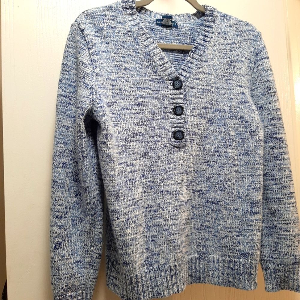 Karen Scott V Neck Button Down Blue White Knit Sweater Cotton Blend Large